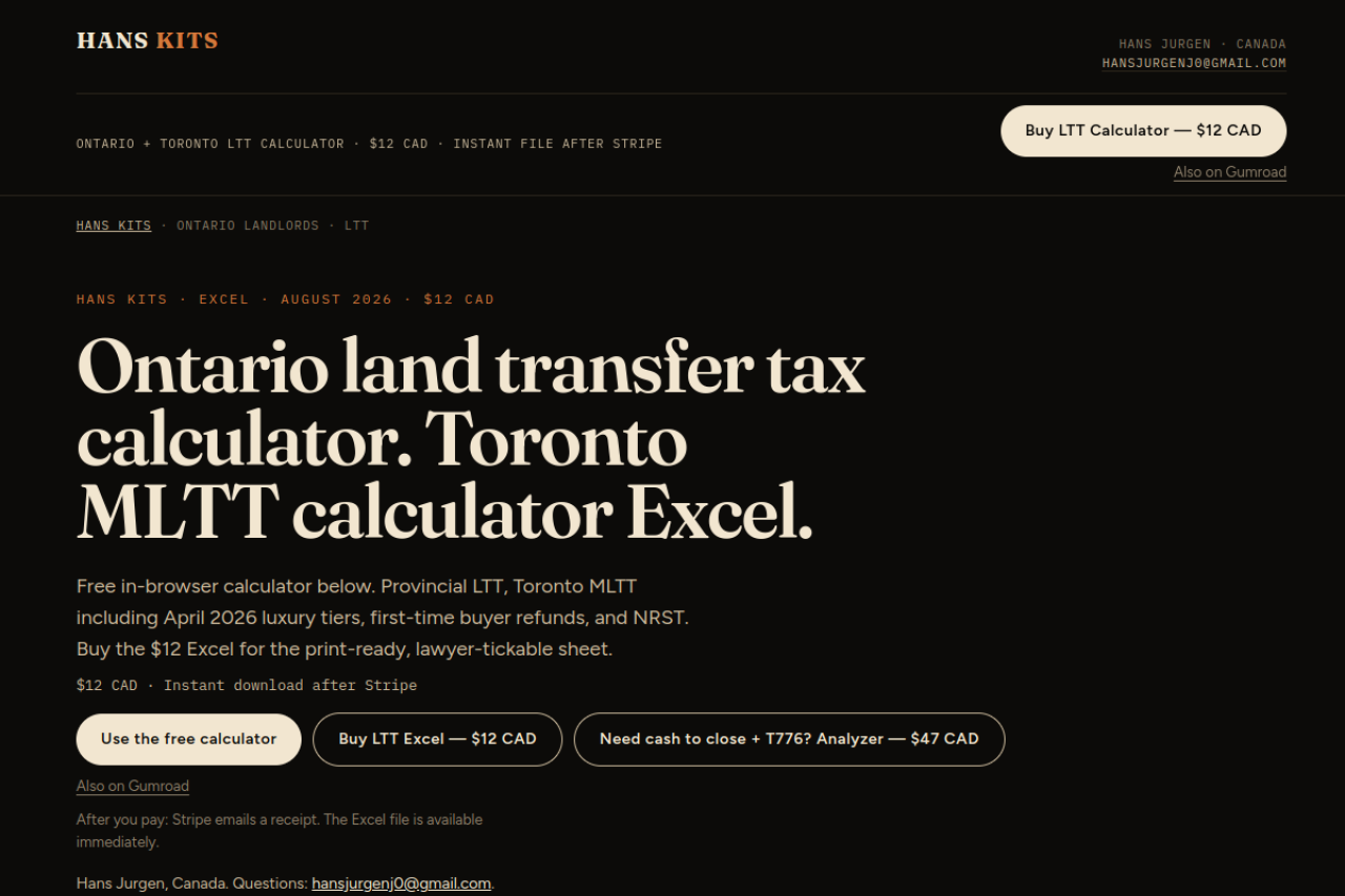 Ontario + Toronto Land Transfer Tax Calculator (free + $12 Excel)