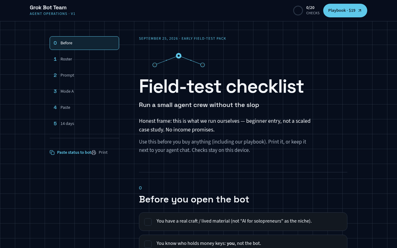 Quiet Lab Ops – Agent Team Field-Test Checklist