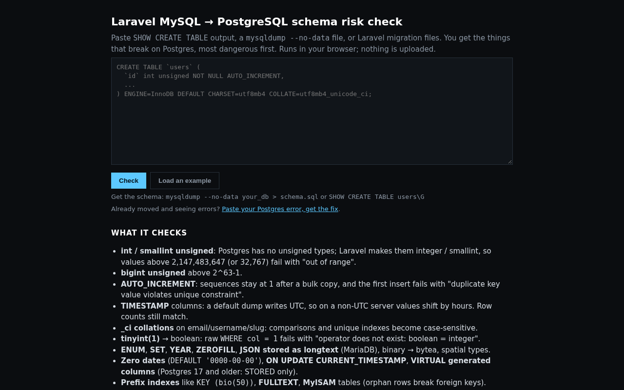 TuskShift MySQL to Postgres Schema Check