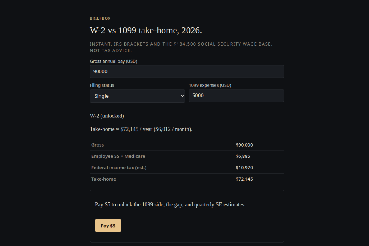 W-2 vs 1099 Take-Home Calculator